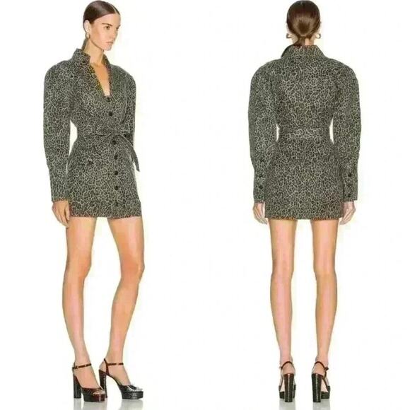 MARISSA WEBB Mera Leopard Print Denim Dress Womens Small Olive Green Belted - Picture 3 of 16